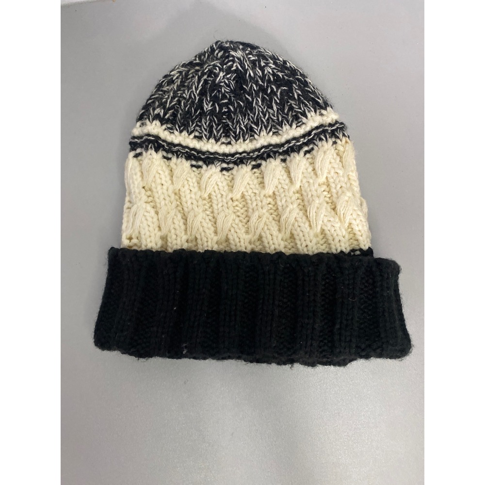 Black White Knit Cable Beanie Hat Chunky Warm Winter
